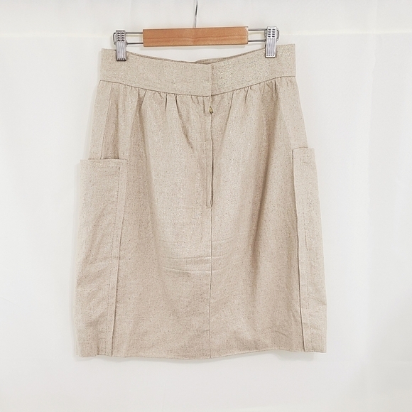 Cartonnier tan gold linen skirt patch pockets knee length size 4 (ripped lining) - Picture 2 of 10